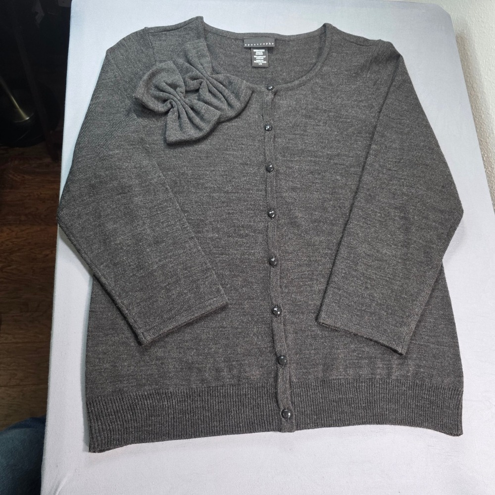 Apostrophe Charcoal Gray Bow Accent Button Front Cardigan Sweater Large L/G